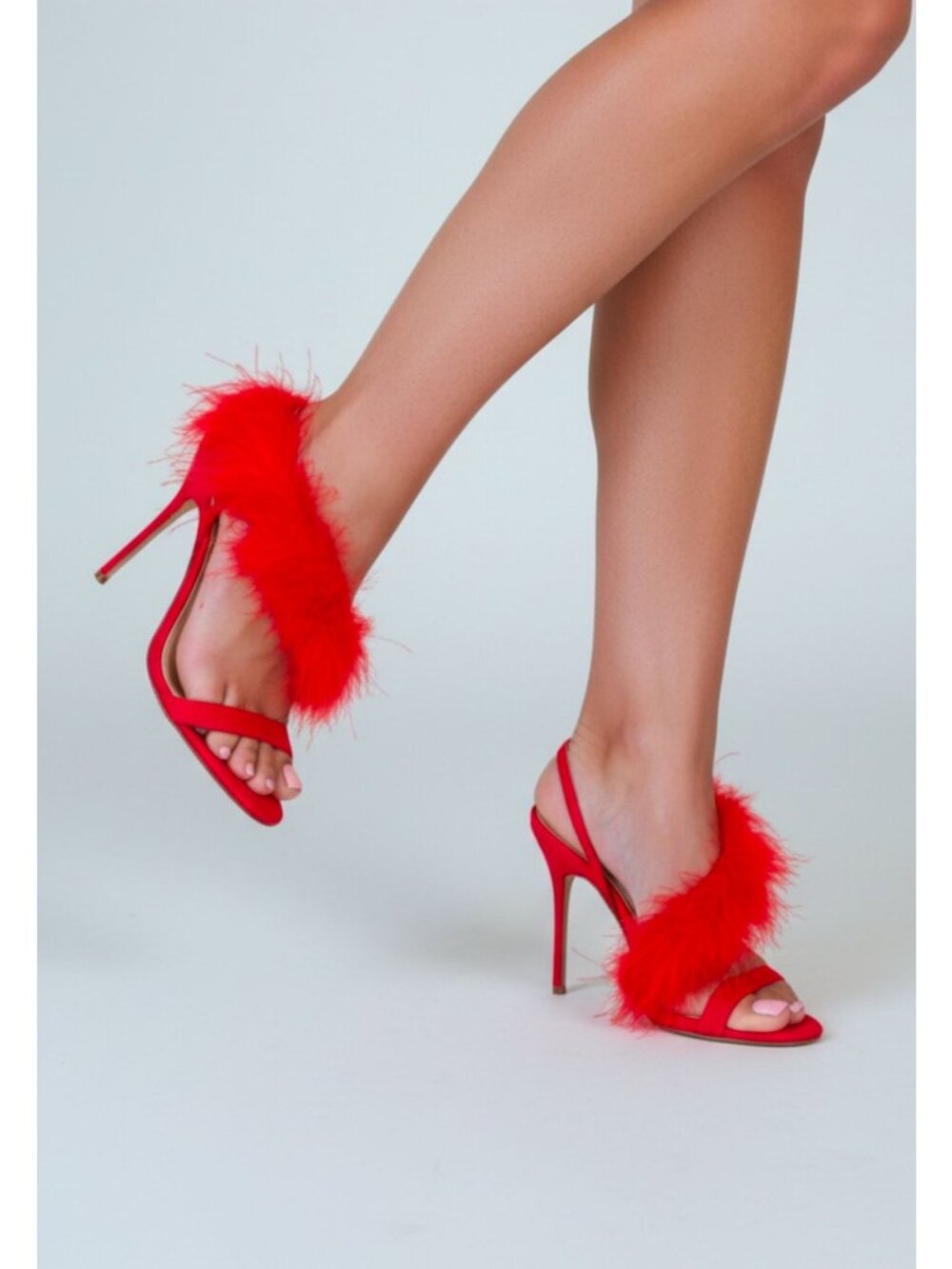 Red Fluffy Feather Strap Open-Toe Stiletto Heels For Women